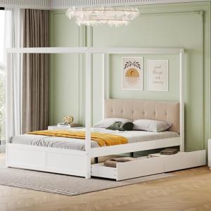 NNJN Cama con dosel de 140 x 200 cm con cajones grandes y r…