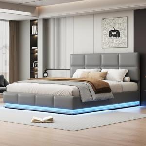 BENMWS Cama tapizada con iluminación LED y espacio de almac…