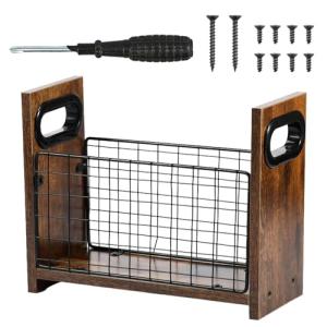Revistero de escritorio de metal y madera con asa, cesta rú…