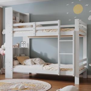 Cama infantil de 90 x 200 cm, litera con estantes y escaler…