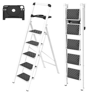 HBTower Escalera 5 Peldaños Plegable con Bandeja para Herra…