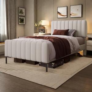 Sapgaks Cama 90 x 200 cm Con Cabecero Ajustable, Tapizada C…