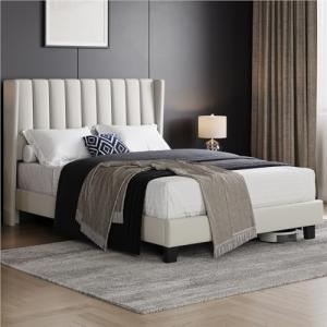 Yaheetech Cama tapizada 140 x 200 cm Cabecero a Rayas con A…