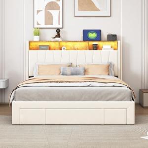 KatFash Cama Tapizada Doble de 140x200cm con iluminación LE…