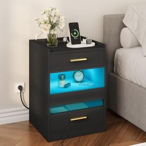 YITAHOME Mesita de Noche, Mesa Auxiliar con Luces LED y Bas…