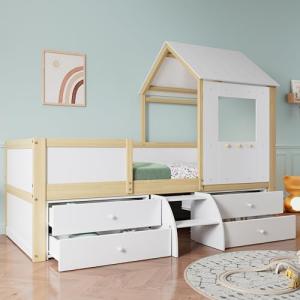 Moimhear Cuna, cama de media altura, cama de casa con techo…
