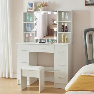 Saimeihome Tocador con espejo y taburete, tocador con ilumi…