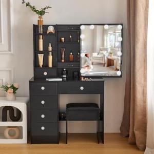 Buildonely Tocador con iluminación y taburete, tocador con…
