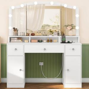FIONESO Tocador de Maquillaje con 10 Luz LED y Enchufes, 3…
