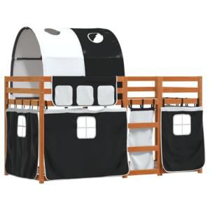 vidaXL Litera con Cortinas Madera Maciza Pino Blanco y Negr…