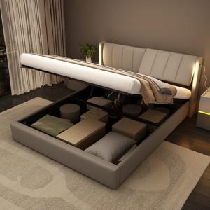 Oslghy Cama Tapizada de 180x200 cm, Cama Doble con LED e In…