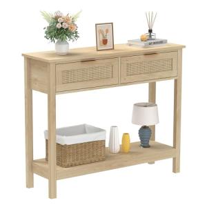 Trironsun Mesa consola de ratán Boho con 2 cajones, mesa de…