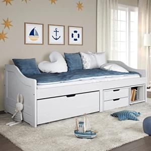 IKAYAA Cama Individual de Madera Maciza con Cajones y Somie…
