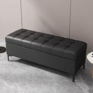 Elegante banco largo negro con almacenamiento oculto, piel…