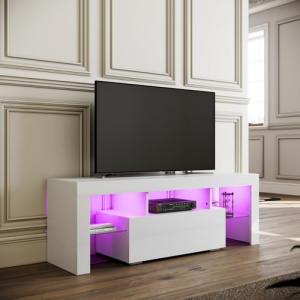 SIRHONA Mueble de TV bajo blanco, banco de TV de salón con…