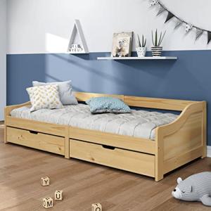 IKAYAA Cama Juvenil con 2 Cajones de Madera Maciza Pino, Ca…