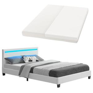 Juskys Cama tapizada led Paris 140 x 200 cm con colchón y s…