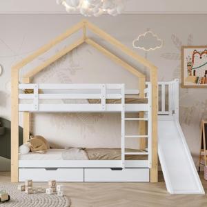 Litera con tobogán y escalera de tres niveles, cama con pro…