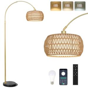 Rayofly Lámpara Arco Dorado de Pie, Pantalla de Ratán Con M…