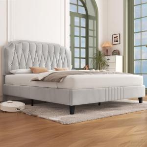 Yaheetech Cama Tapizado en Terciopelo Cama de Matrimonio co…