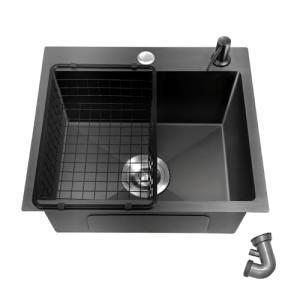OUBUBY Fregadero de granito negro, 40 x 45 cm, negro, recta…