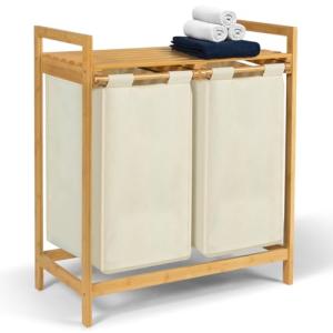 IDMarket – Cesta de lavandería 2 bandejas bambú BEA tela cr…