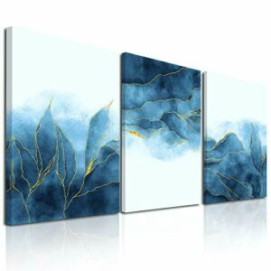 Cuadro abstracto de hojas de oro azul sobre lienzo para par…