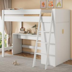 Cama alta para niños, multifuncional, con escalera, con esc…