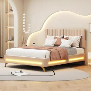 Moimhear Cama doble tapizada de 140 x 200 cm, con luces LED…