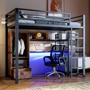Moimhear Cama alta, cama de metal, con luces LED, escritori…