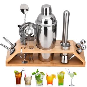 12 Piezas Kit Coctelera con Soporte Madera, 750ml Coctelerí…