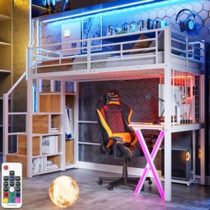 Cama alta 90 x 200 cm con LED y armario de almacenamiento a…