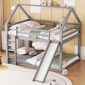 Cama doble para niños, cama litera con tobogán y escalera,…