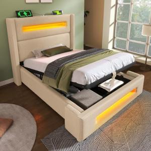 Fppuueg Cama Tapizada de 90x200cm con Cabecero LED, USB y C…