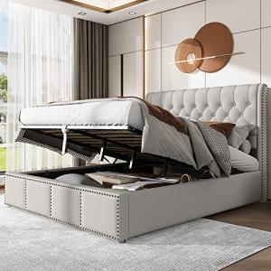 Moimhear Cama tapizada de algodón y lino con palanca hidráu…