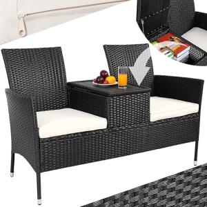CASARIA® Banco de Jardín 143x64x88 Poliratán Negro Mesa WPC…