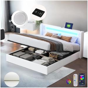 Racxily Cama de Matrimonio con Tira Luminosa LED, Lector Bl…