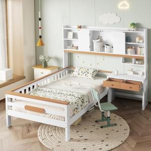 Merax Cama infantil de 90 x 200 cm, cama de madera con escr…