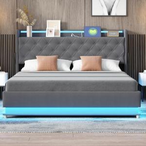 Moimhear Cama tapizada LED de 160 x 200 cm, con puerto de c…