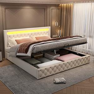 Oslghy Cama Tapizada 180x200 cm, Cama Matrimonio con LED Ca…