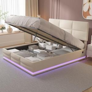 Moimhear Cama tapizada de Cama Doble de 160 x 200 cm con LE…
