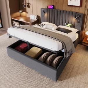 Moimhear Cama tapizada, cama doble, luz de lectura con func…