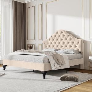 Azkoeesy Cama tapizada beige de 140 x 190 cm con somier de…