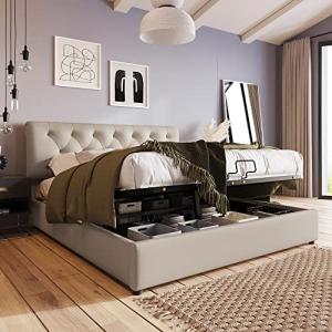 Idemon Cama tapizada hidráulica, cama doble con cabecero aj…
