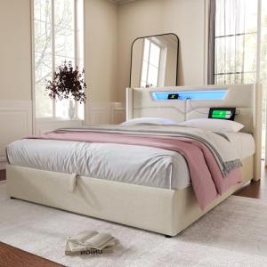 Moimhear Estructura de cama de material de lino, cama juven…