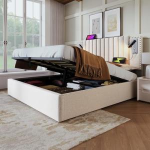 Moimhear Cama tapizada, 140 x 200 cm, cama doble, luz de le…