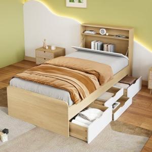 Moimhear Cama individual, cama juvenil, cabecero con solapa…