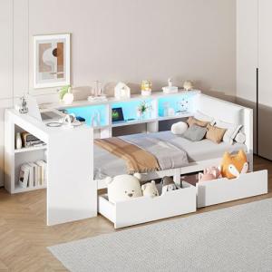 Moimhear Cama con plataforma de madera, con estantes, cajon…