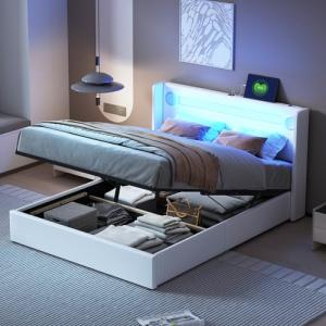 Soweiz Cama tapizada con barra de luz LED, reproductor Blue…