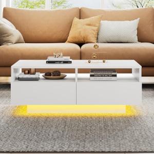 BENMWS Mesa de centro LED brillante con 4 cajones, mesa de…